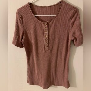 Women’s Pink Short 1/4 Sleeve Shirt Ribbed Buttons Large